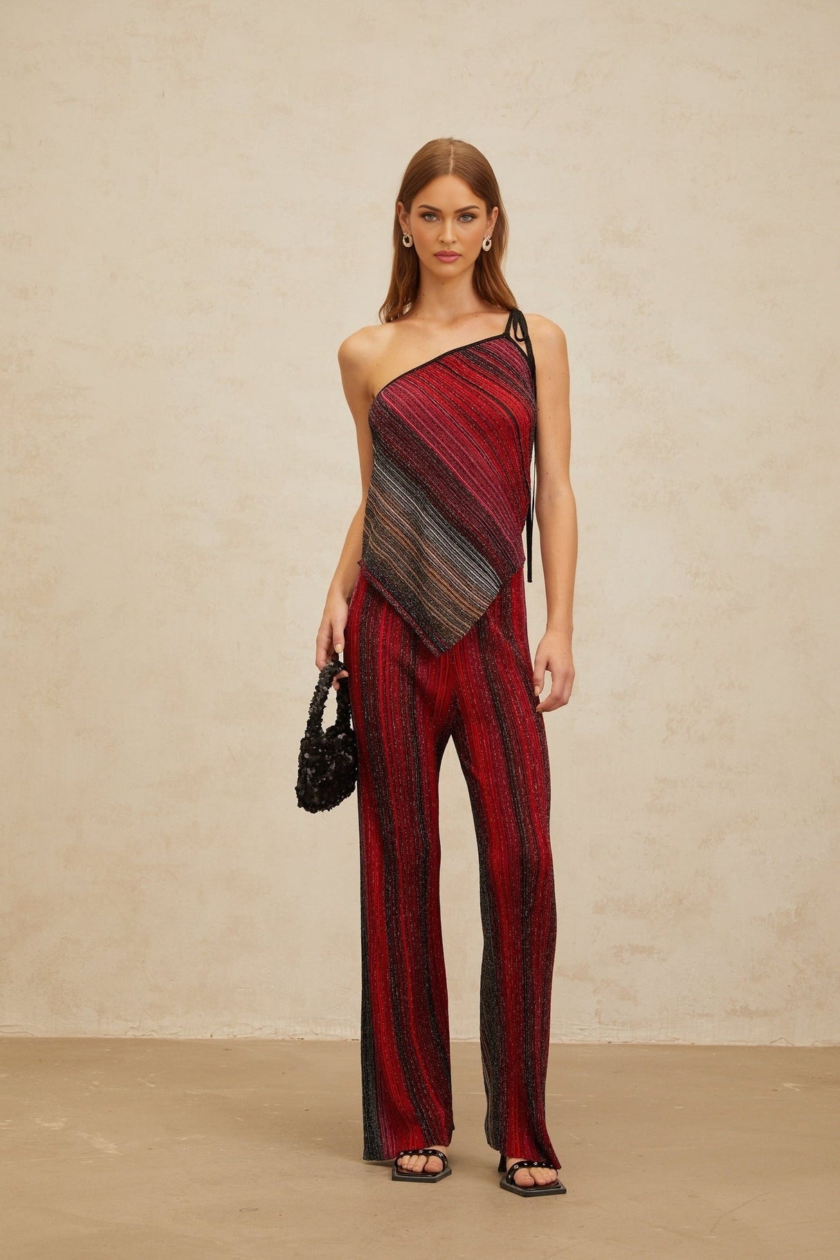 Maddalena Top & Trousers Set - Metallic Threading - Stripe Pattern - Sequin Embellishment - Pleated Detailing - Asymmetrical Hem