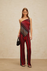 Maddalena Top & Trousers Set - Metallic Threading - Stripe Pattern - Sequin Embellishment - Pleated Detailing - Asymmetrical Hem