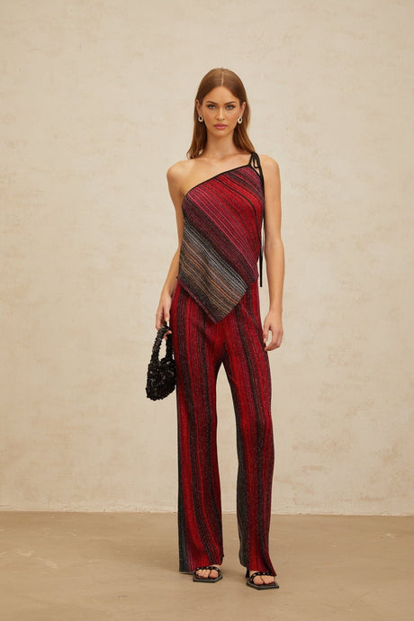 Maddalena Top & Trousers Set - Metallic Threading - Stripe Pattern - Sequin Embellishment - Pleated Detailing - Asymmetrical Hem