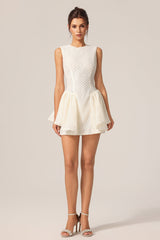 Maddalena White Textured Sleeveless Mini Dress Flared Skirt Elegant Summer Party Cocktail Event Daytime Gathering Modern Pattern