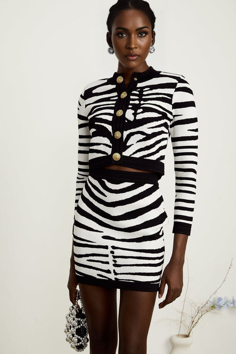 Madeleine zebraprint knitted cardigan  skirt matching set