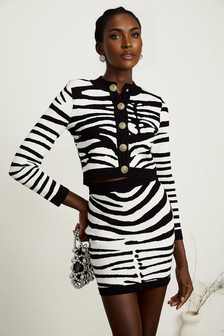 Madeleine zebraprint knitted cardigan  skirt matching set