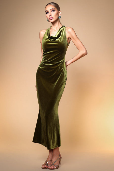 Madeline Green Velvet Maxi Dress with Cowl Collar for Formal Occasions