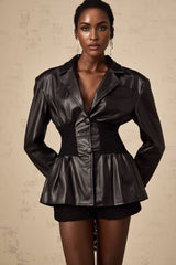 Madeline Jacket Black Faux Leather Knit Panel Flare Hem