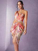 Madeline Midi Dress - Asymmetrical Neck - High Waist - Ruched Details - Tie Dye Pattern - Elegant Style