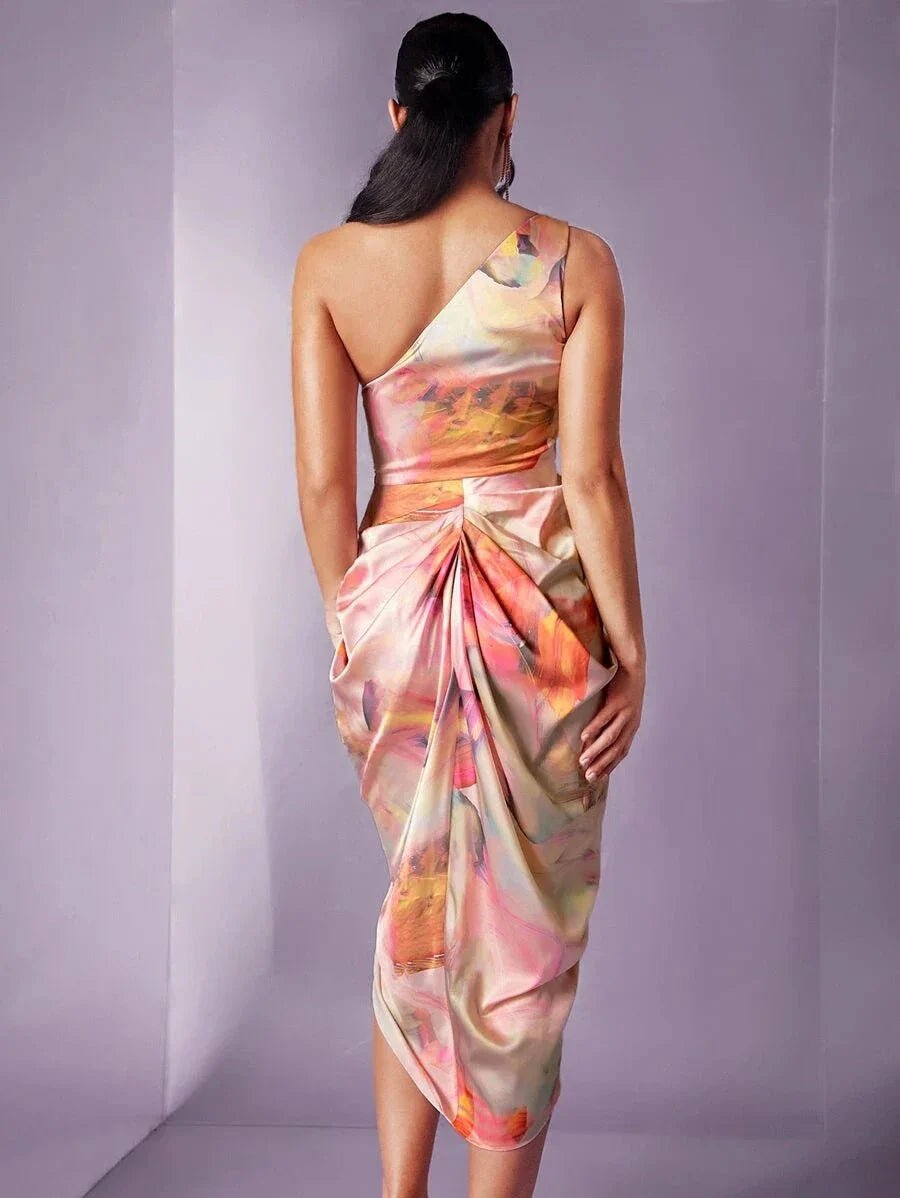 Madeline Midi Dress - Asymmetrical Neck - High Waist - Ruched Details - Tie Dye Pattern - Elegant Style