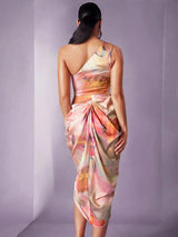 Madeline Midi Dress - Asymmetrical Neck - High Waist - Ruched Details - Tie Dye Pattern - Elegant Style