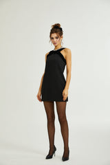 Madelyn Mini Dress Black Wool Velvet Bow Low Back