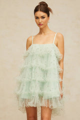 Madelyn Mini Dress Green Tulle Tiered Embellished