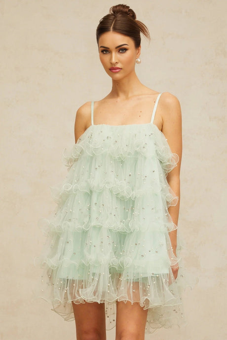 Madelyn Mini Dress Green Tulle Tiered Embellished