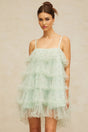 Madelyn Mini Dress Green Tulle Tiered Embellished
