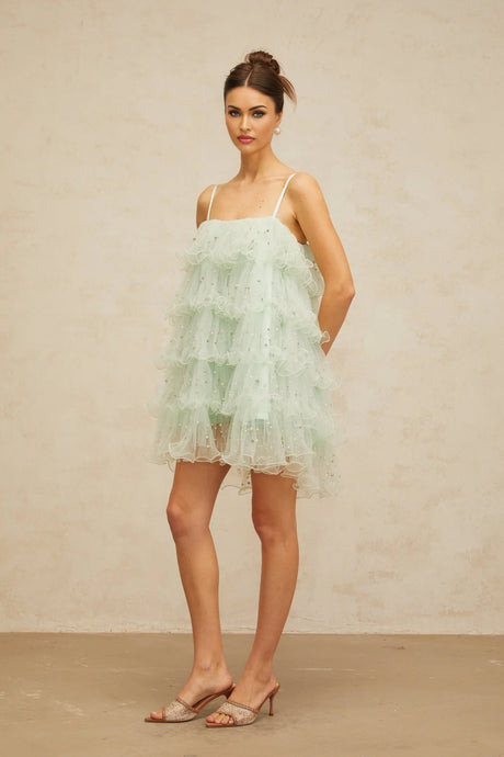 Madelyn Mini Dress Green Tulle Tiered Embellished