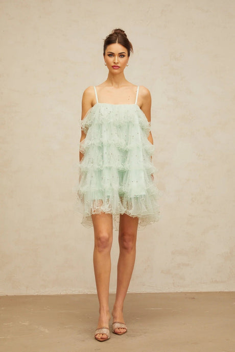 Madelyn Mini Dress Green Tulle Tiered Embellished