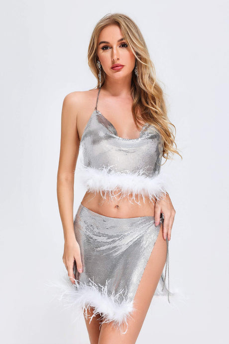 Madelyn Silver Metallic Feather Detail Dress