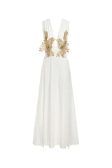 Madison White Formal Evening Gown Dress V Neckline High Slit Glamour