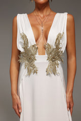 Madison White Formal Gown with Deep V Neckline and High Slit Design