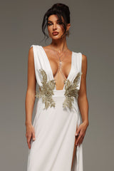 Madison White Formal Gown with V Neckline and High Slit Design