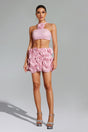 Madisyn Pink Halter Crop Top Mini Skirt Dress Floral Embellishment Rose Appliques