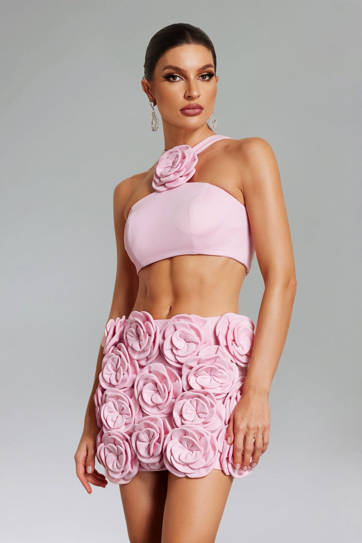 Madisyn Pink Halter Neck Floral Embellished Rose Applique Mini Dress