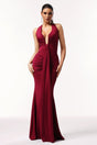 Madisyn Red Halter Neckline Ruched Detailing V-Neck Floor Length Dress