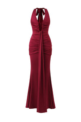 Madisyn Red Halter Neckline Ruched Detailing V-Neck Floor Length Dress