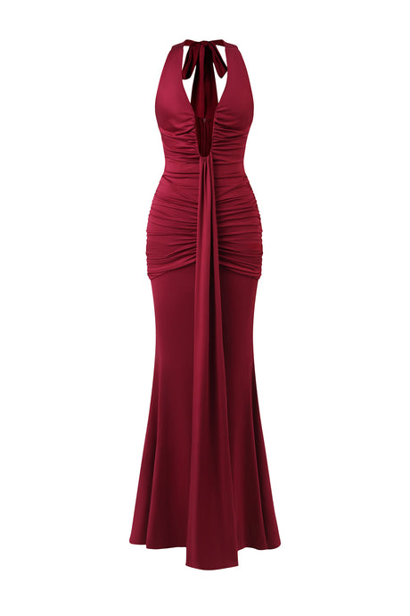 Madisyn Red Halter Neckline Ruched Detailing V-Neck Floor Length Dress