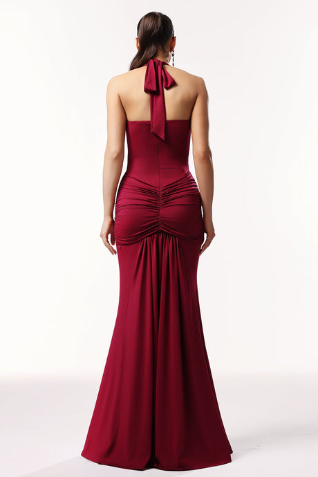 Madisyn Red Halter Neck Ruched Detailing V-Neck Floor Length Dress