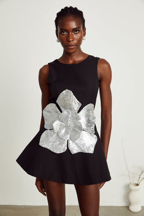 Maëlys black floralappliqué sleeveless mini dress