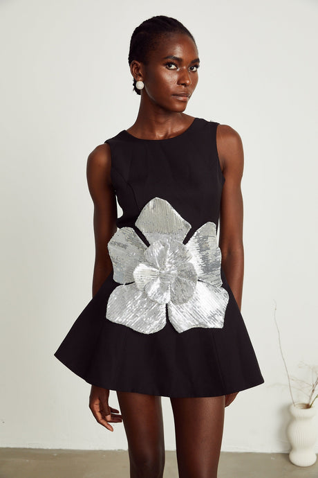 Maëlys black floralappliqué sleeveless mini dress