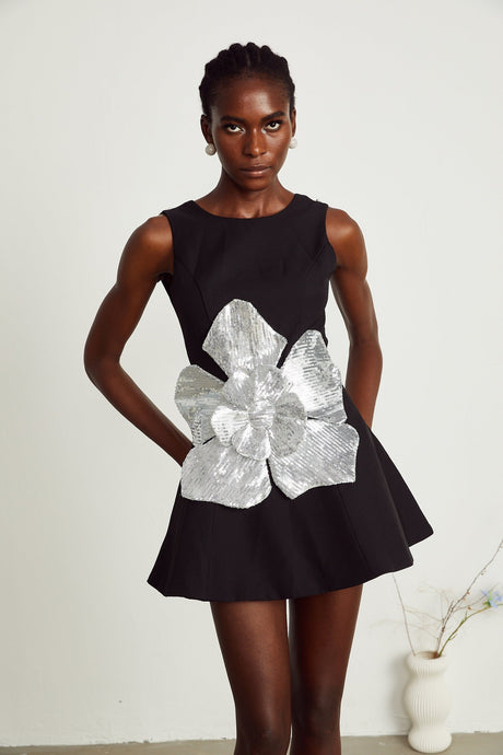 Maëlys black floralappliqué sleeveless mini dress
