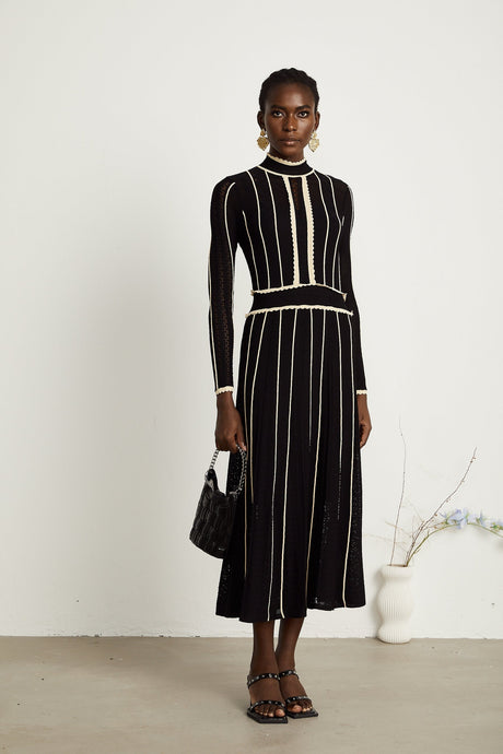 Maëlys black verticalstripe netted maxi dress