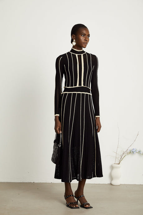 Maëlys black verticalstripe netted maxi dress