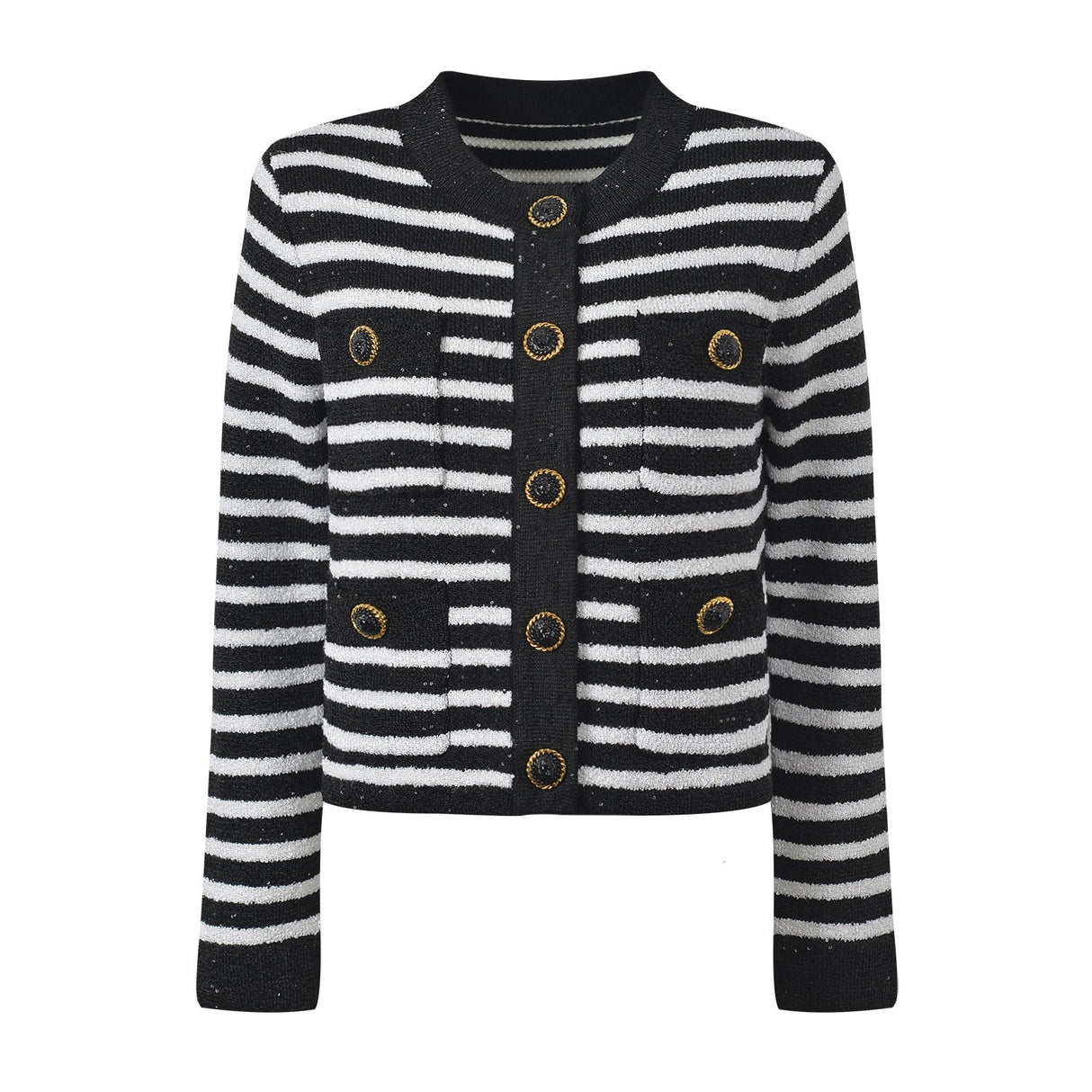 Maeve Cardigan - Fitted Silhouette - Striped Pattern - Slim Fit - Gold - Tone Buttons - Versatile Styling