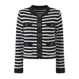Maeve Cardigan - Fitted Silhouette - Striped Pattern - Slim Fit - Gold - Tone Buttons - Versatile Styling