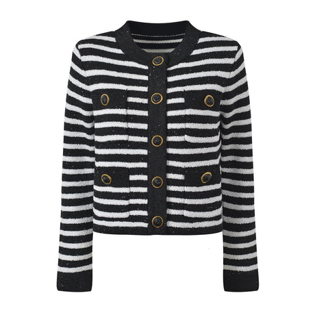 Maeve Cardigan - Fitted Silhouette - Striped Pattern - Slim Fit - Gold - Tone Buttons - Versatile Styling
