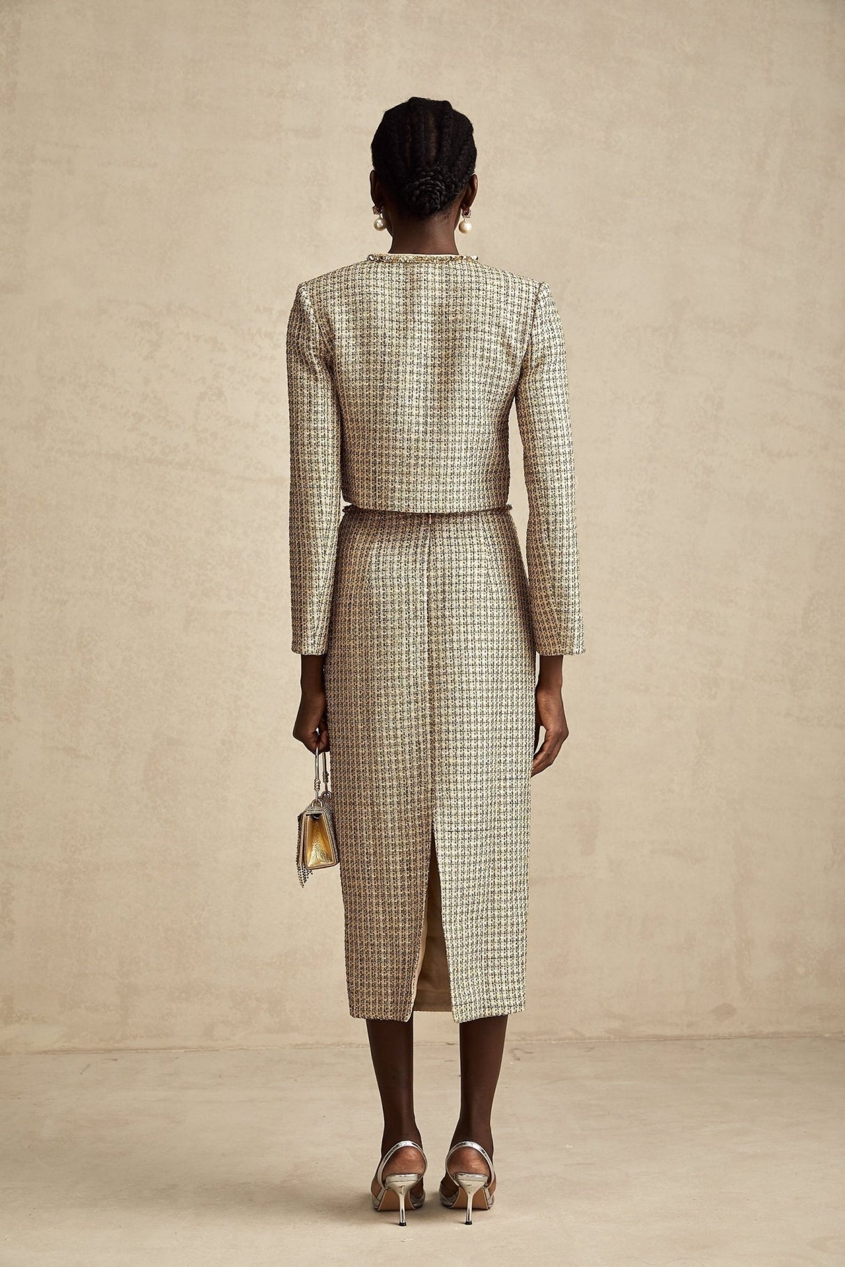 Maeve Jacket & Skirt Gold Tweed Sequin Set