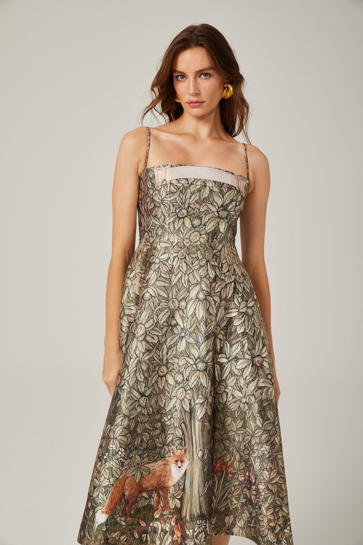 Maeve Midi Dress Green Jungle Print Flared Skirt & Spaghetti Straps Chic Style