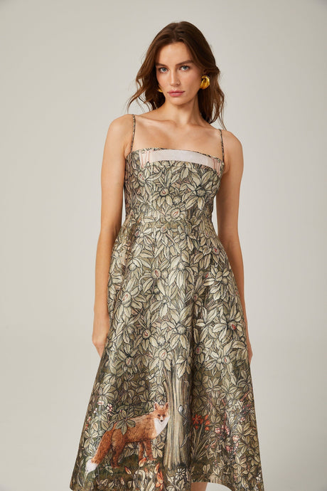 Maeve Midi Dress Green Jungle Print Flared Skirt & Spaghetti Straps Chic Style