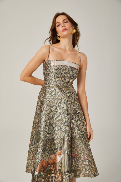 Maeve Midi Dress Green Jungle Print Flared Skirt & Spaghetti Straps Chic Style