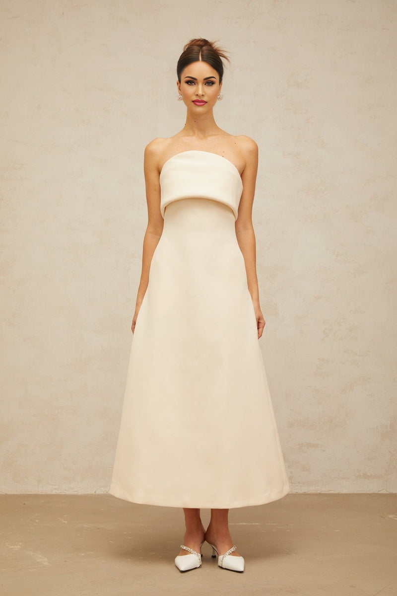 Maeve Midi Dress White Corset Foldover Aline Flared Skirt