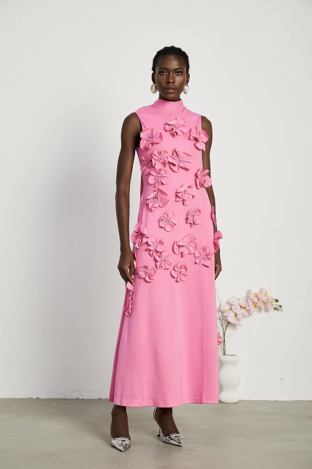Magali bowtie fauxflower embellished sleeveless maxi dress in Pink