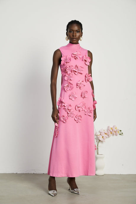 Magali bowtie fauxflower embellished sleeveless maxi dress in Pink