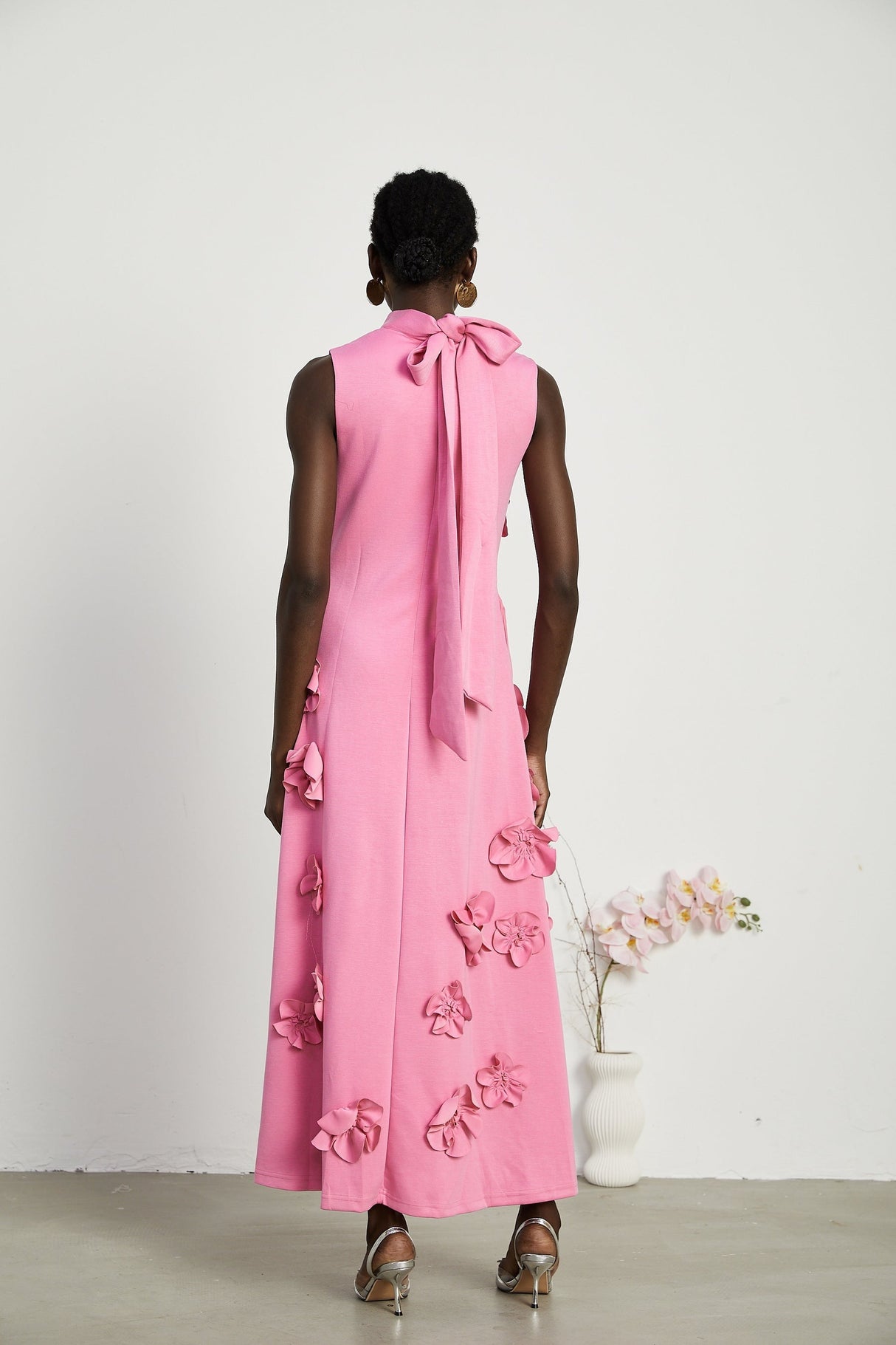 Magali bowtie fauxflower embellished sleeveless maxi dress in Pink