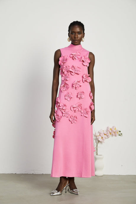 Magali bowtie fauxflower embellished sleeveless maxi dress in Pink