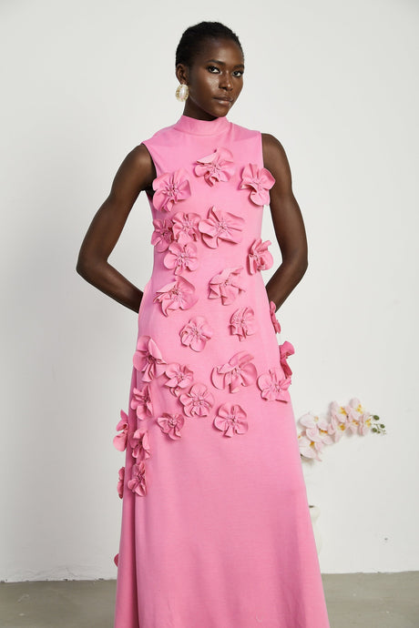 Magali bowtie fauxflower embellished sleeveless maxi dress in Pink