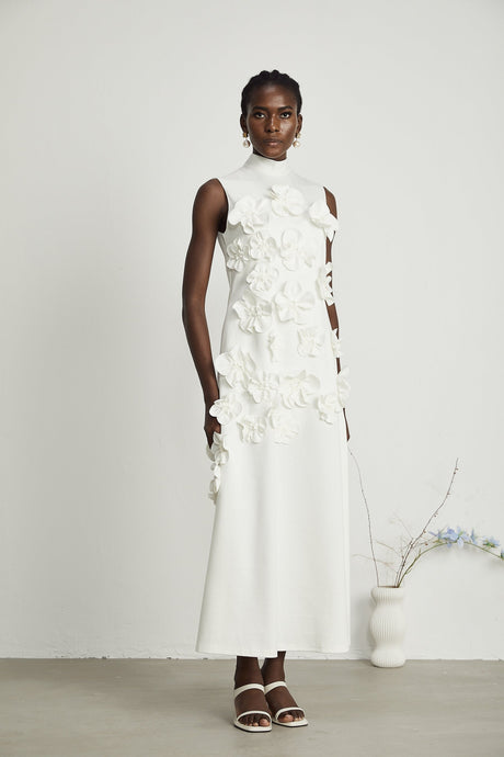 Magali bowtie fauxflower embellished sleeveless maxi dress in White