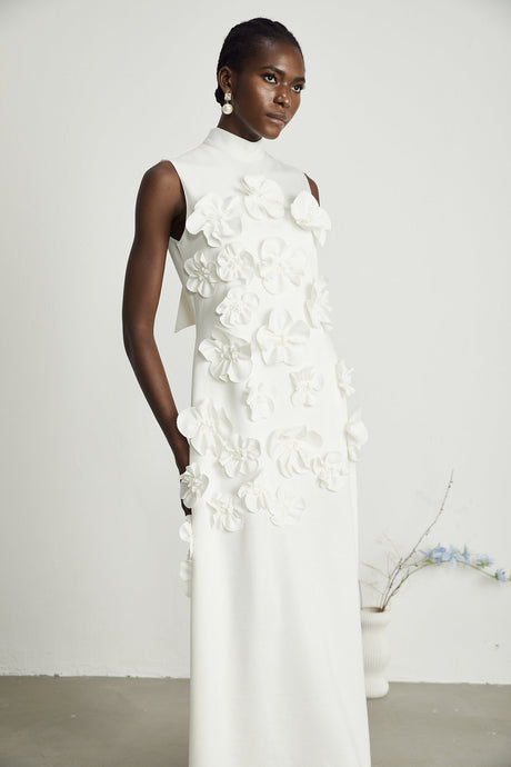 Magali bowtie fauxflower embellished sleeveless maxi dress in White