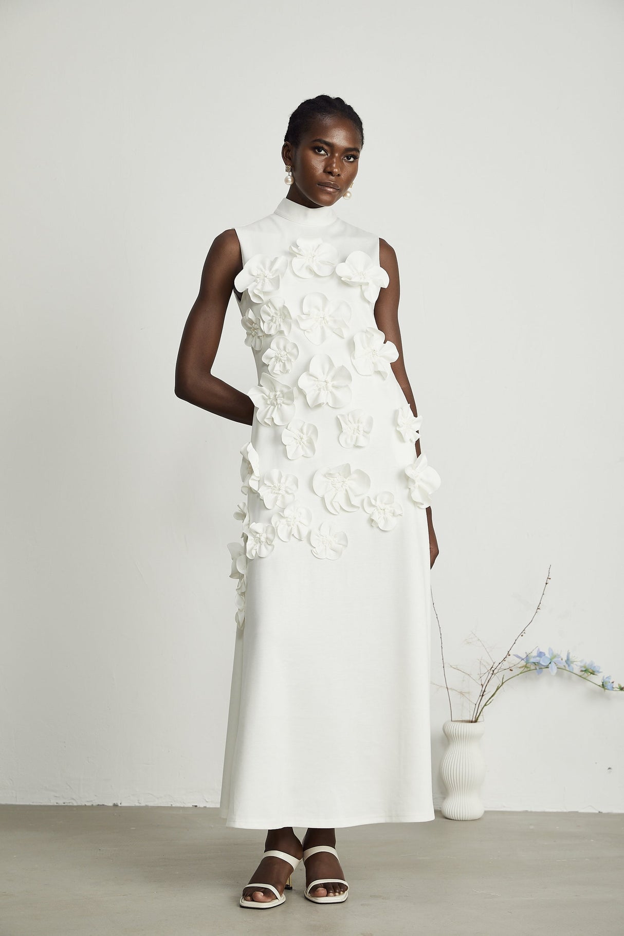 Magali bowtie fauxflower embellished sleeveless maxi dress in White