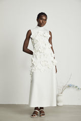 Magali bowtie fauxflower embellished sleeveless maxi dress in White