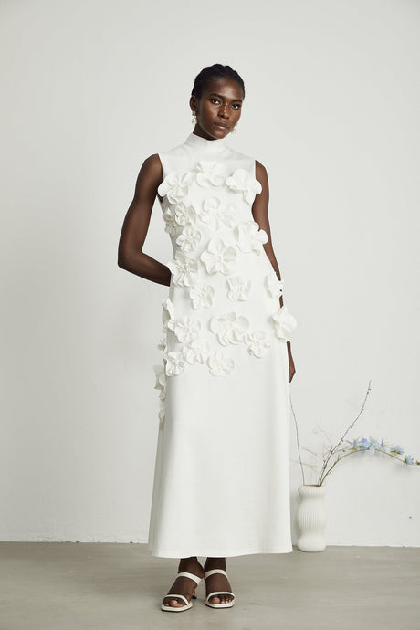 Magali bowtie fauxflower embellished sleeveless maxi dress in White